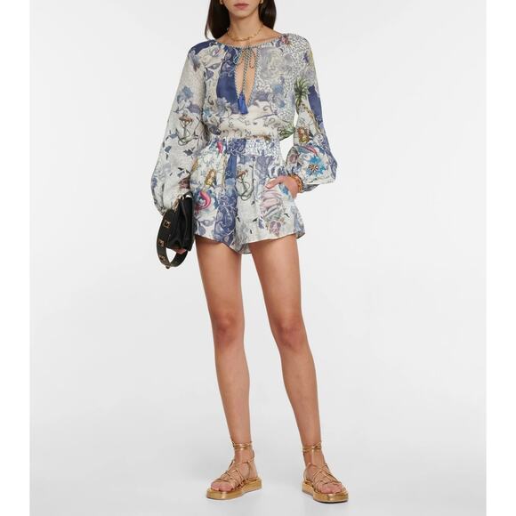 ETRO Blue Floral Ramie Shorts Size 46 Large Elastic Relaxed Beach Travel Yacht - Picture 3 of 9